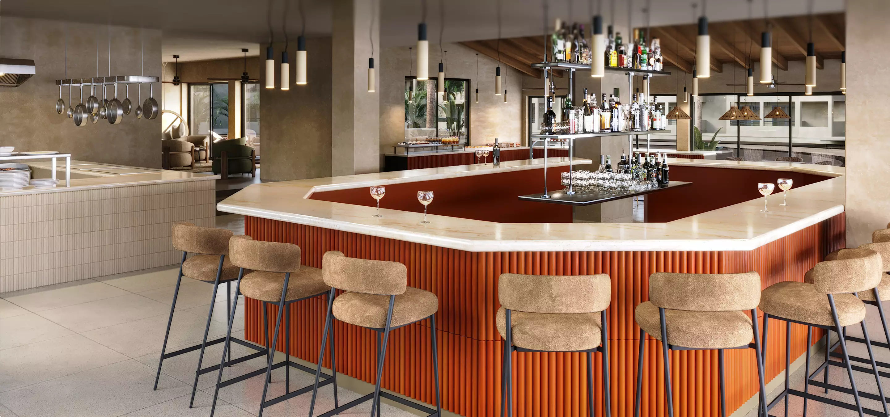 Modern bar interior with orange counter stools and hanging lights, 3D visualizer vs. interior designer