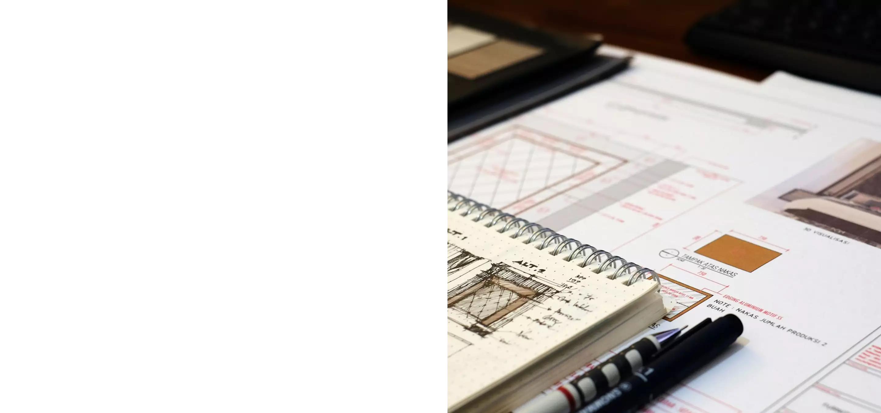 Architectural sketches and notebook with pen on desk, 3D renders technical task checklist