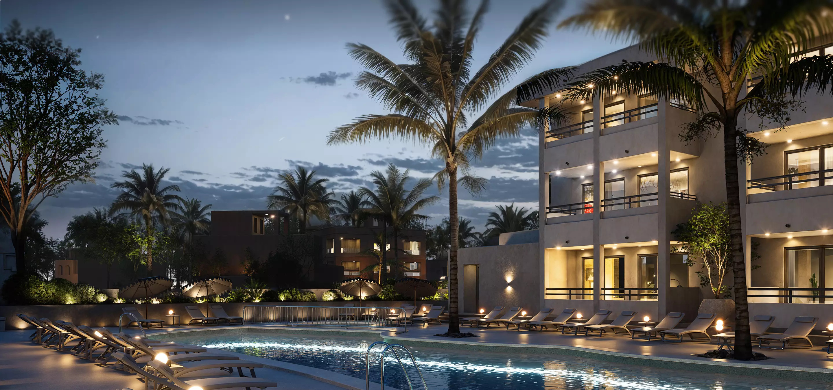 Modern hotel exterior and pool at night with lighting, 3D visualization for an architect