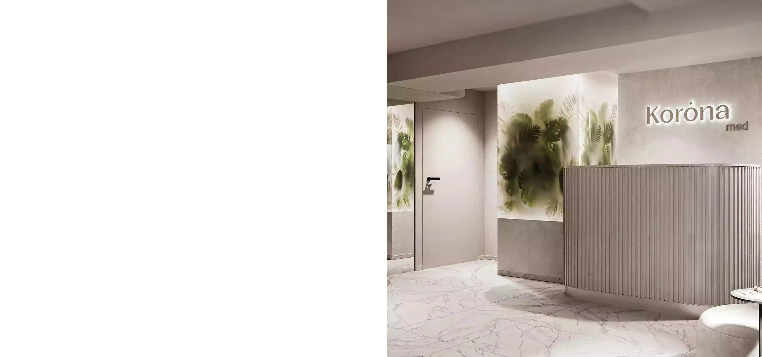 Minimal reception interior with curved desk and wall art, 3D visualizer key concepts workflow