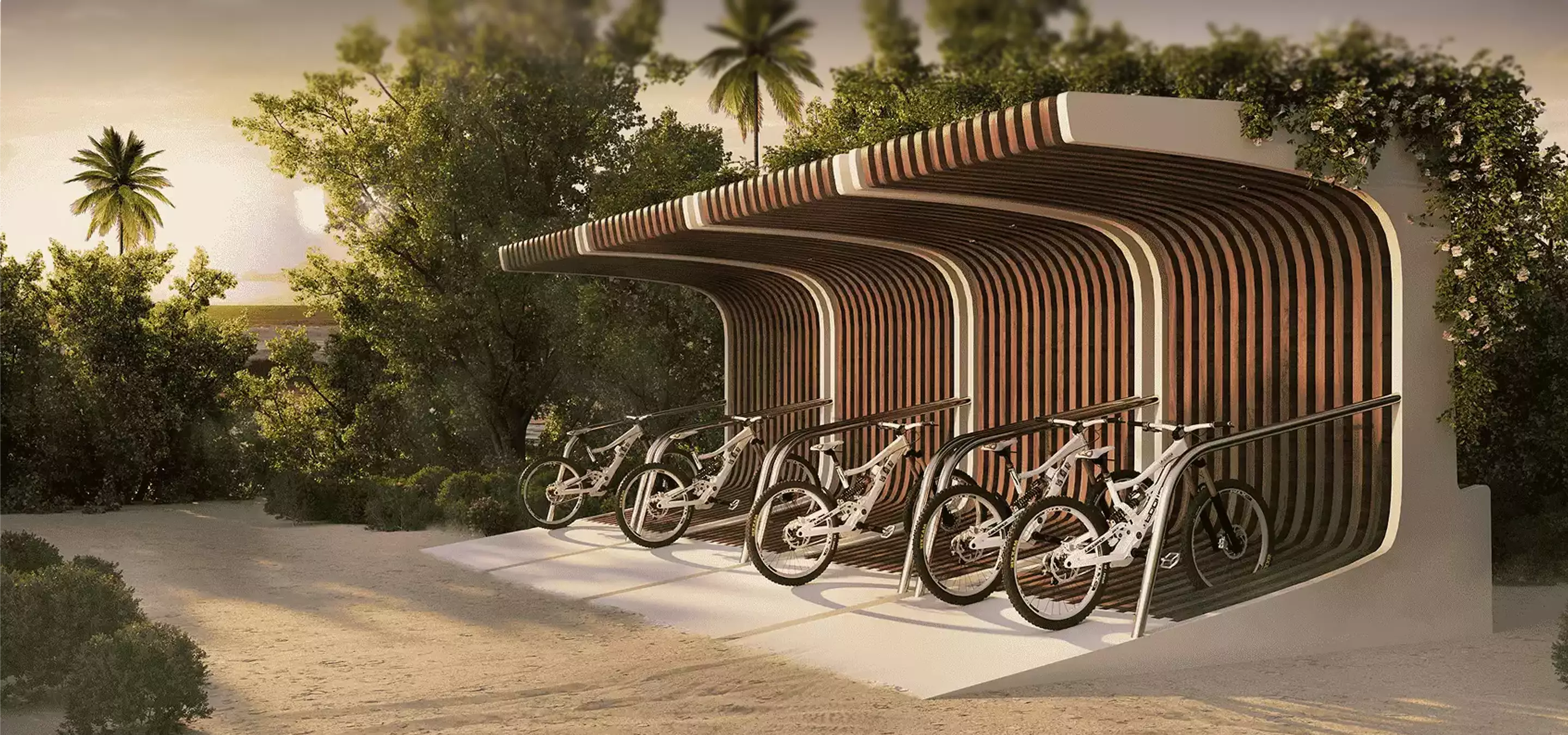 Bicycles under curved shelter in 3d render Photoshop post processing renders features and hacks outdoor scene