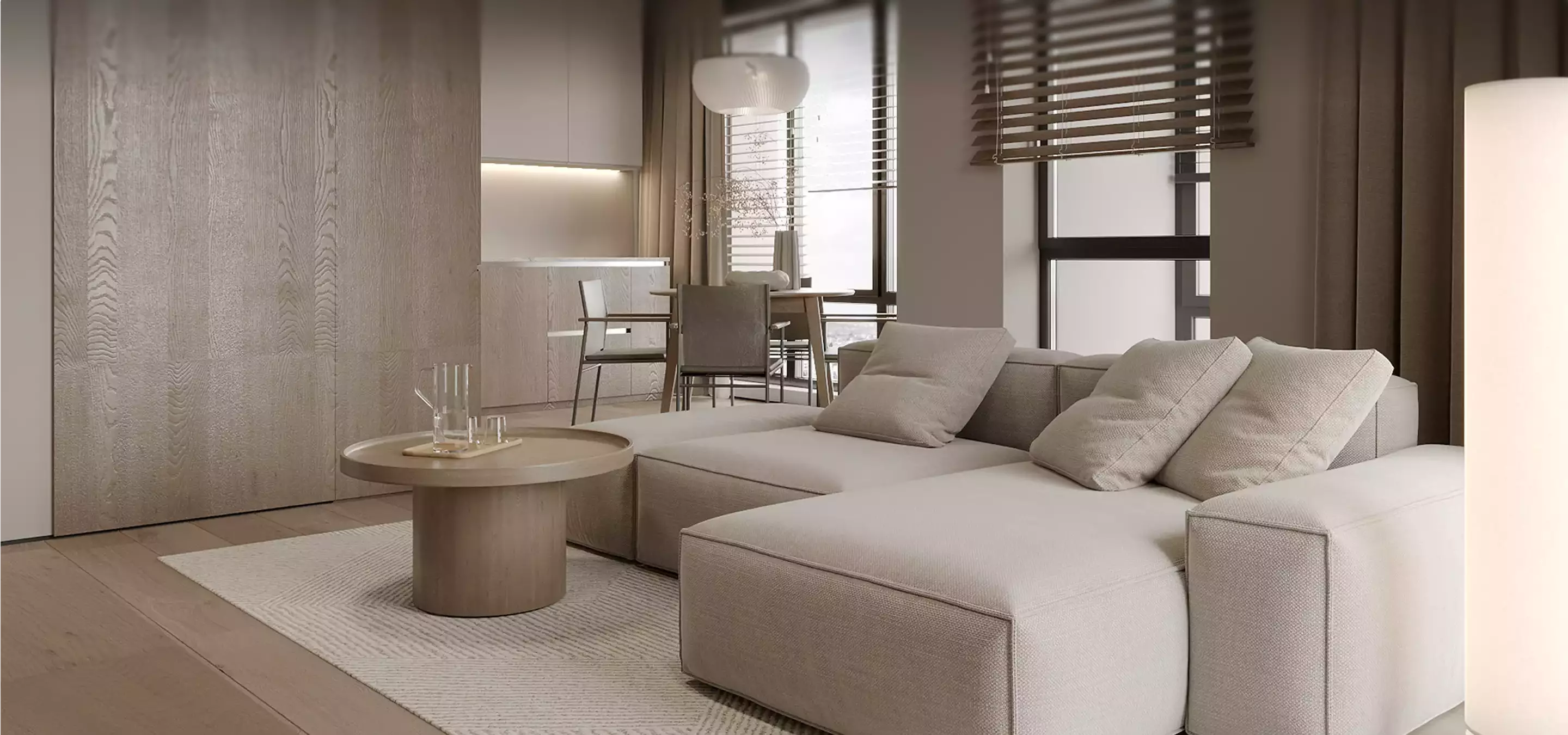 Modern living room interior with sofa and table, architectural visualization trends in 2024 design