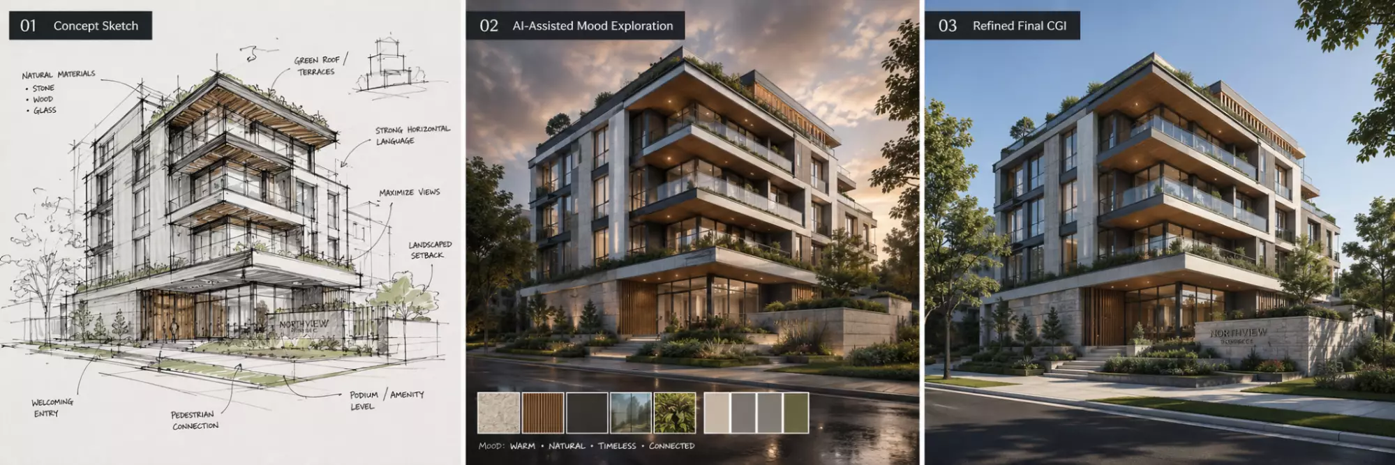 Architectural Visualization Trends Shaping 3D Rendering in 2026 Design workflow showing concept sketch, AI-assisted mood render, and final CGI building visual