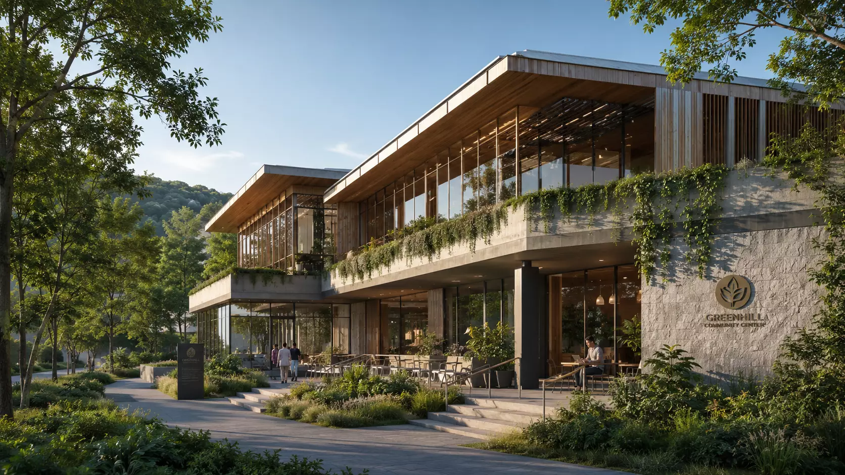 Architectural Visualization Trends Shaping 3D Rendering in 2026 Architectural rendering of Greenhill Community Center with glass walls, greenery, and terrace seating