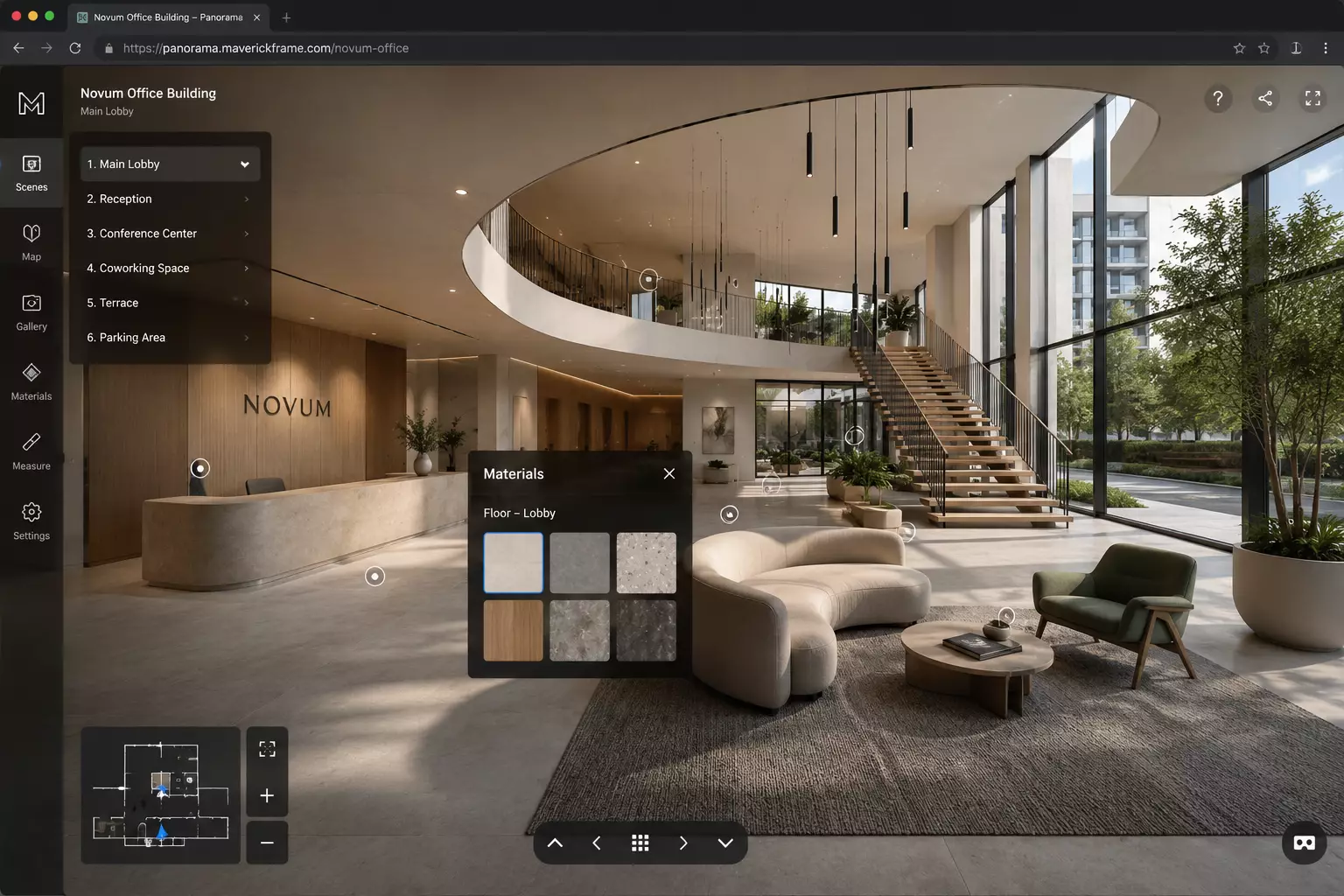 Architectural Visualization Trends Shaping 3D Rendering in 2026 Interactive 3D visualization tour of a Novum office lobby with materials panel and scene menu