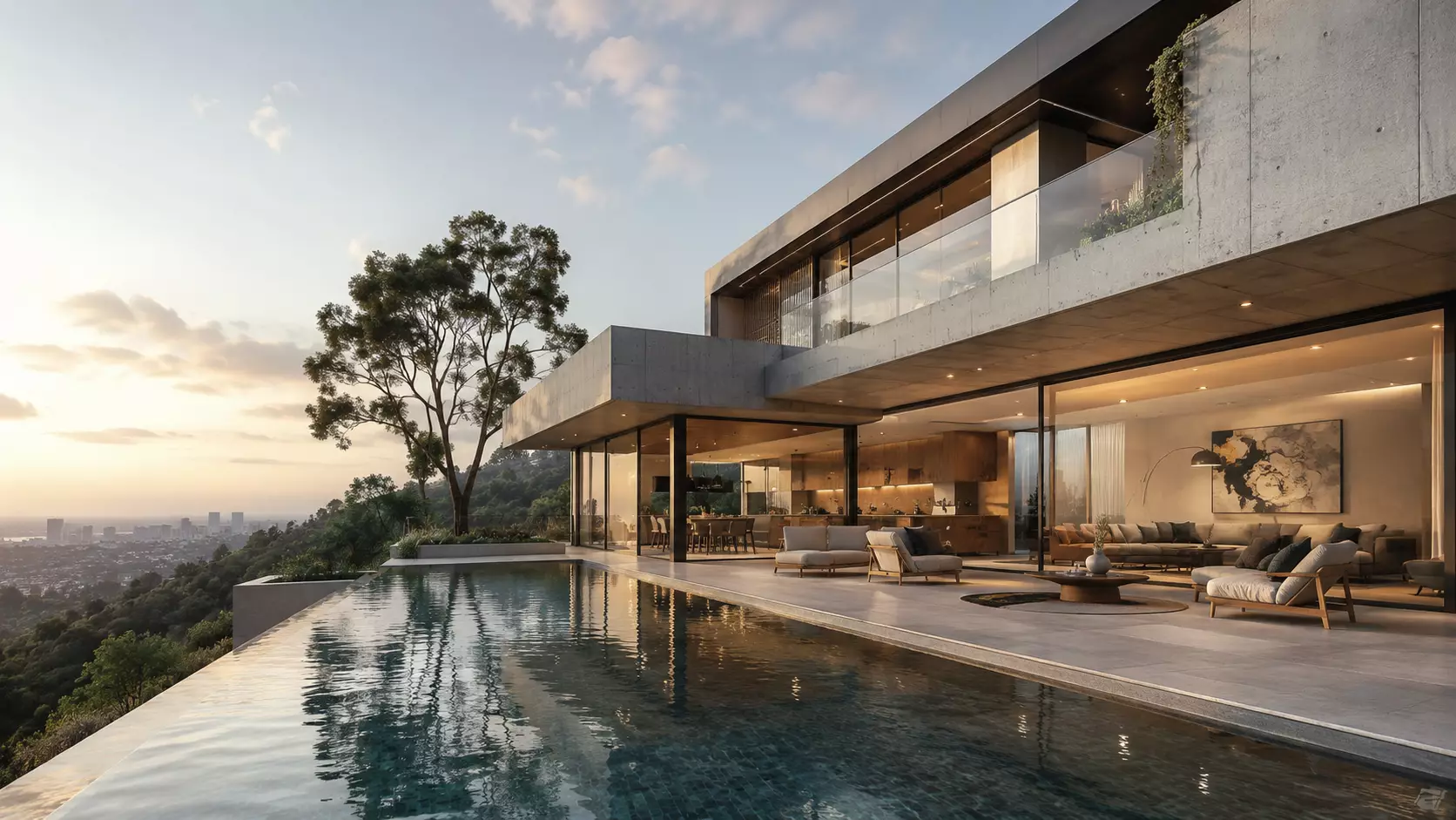 Architectural Visualization Trends Shaping 3D Rendering in 2026 3D architectural render of a modern hillside villa with infinity pool at sunset