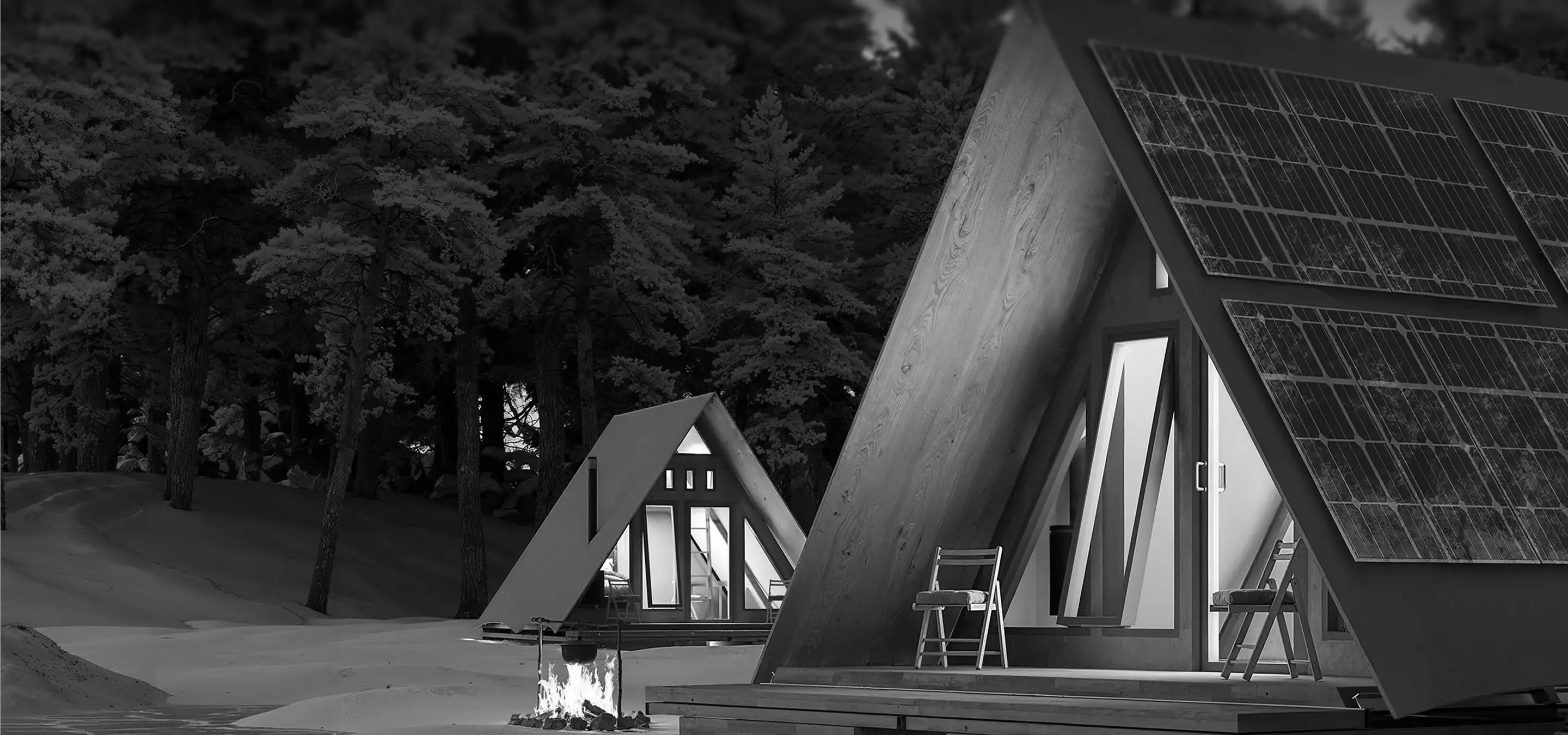 Modern A frame houses in forest with solar panels, unreal engine twinmotion architecture visualization