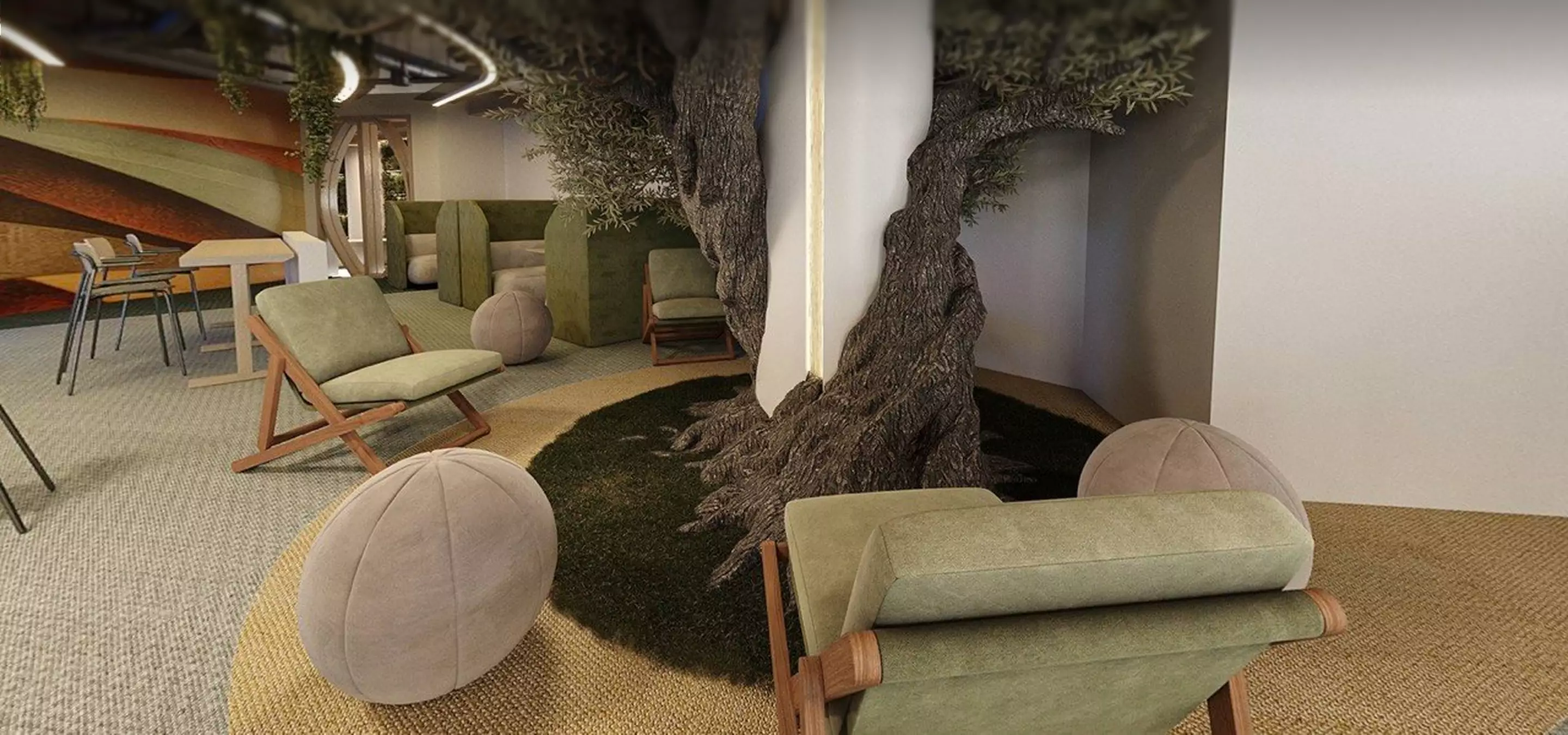 Interior walkthrough space with seating and tree Instant vacation the role of walkthrough in the 3D world