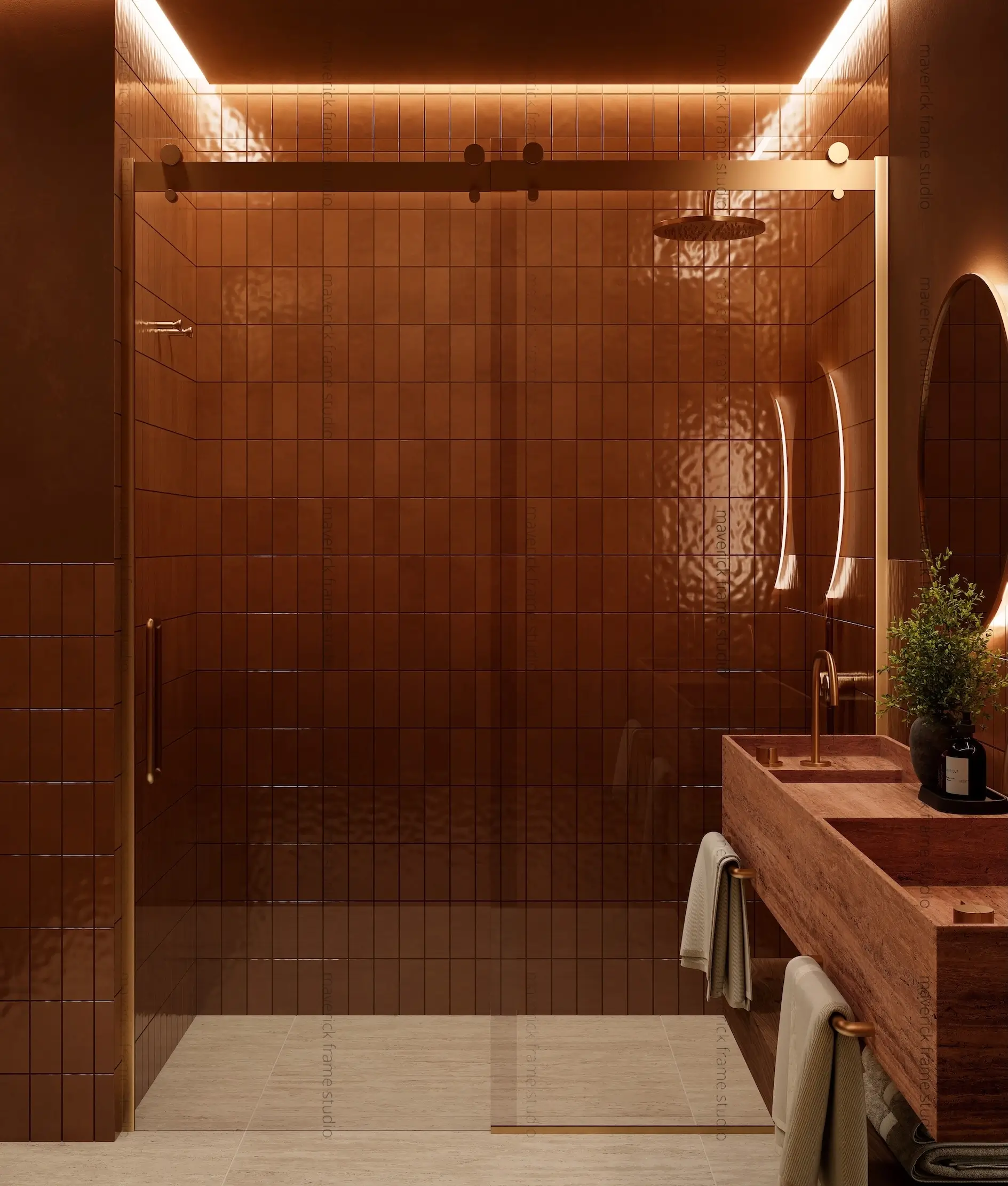 Best 3D Architectural Visualization Companies in Australia Modern brown tile bathroom with glass shower and stone sink 3d interior visualizations by 3d rendering firm