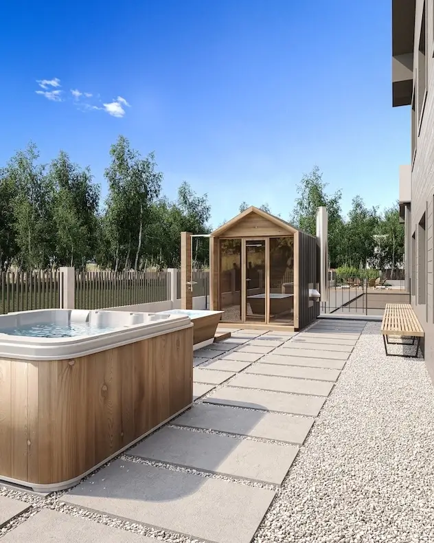 Best 3D Architectural Visualization Companies in Australia Backyard sauna and hot tub patio with paving and trees by architectural visualization companies
