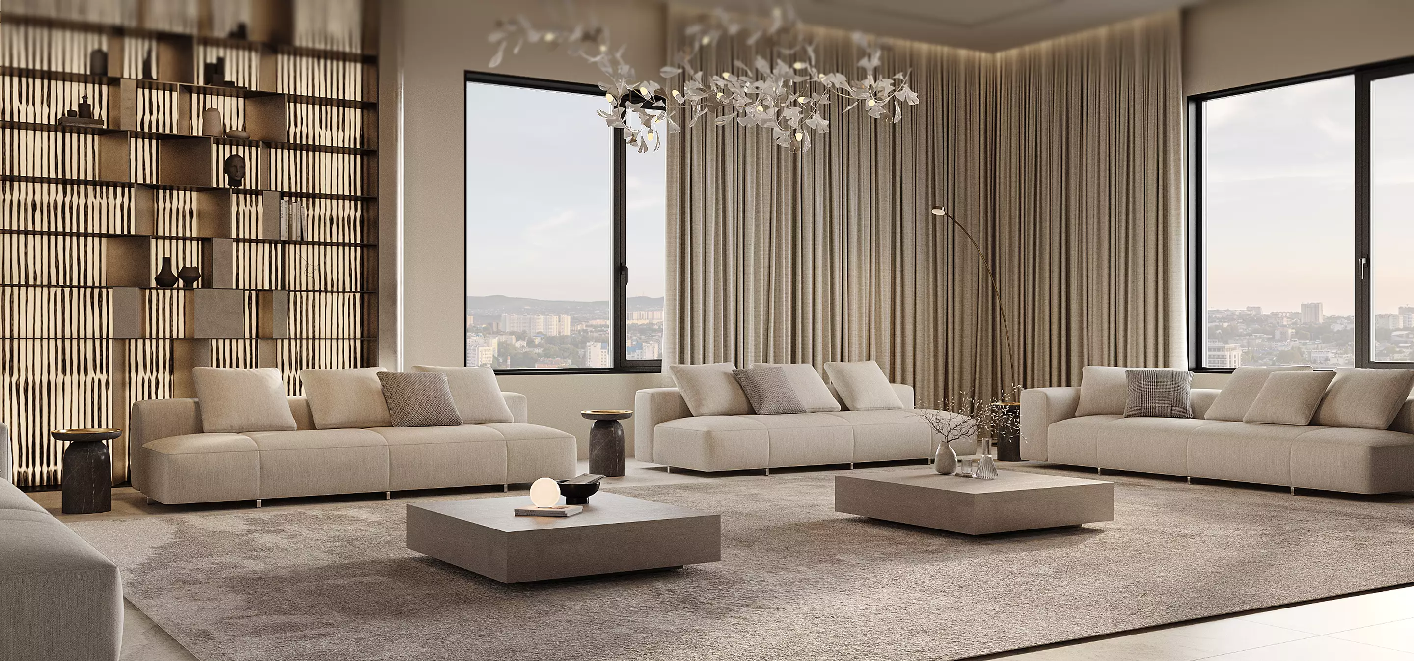 Spacious beige living room with sofas and large windows, best interior renders of 2024 from 3D visualization studios