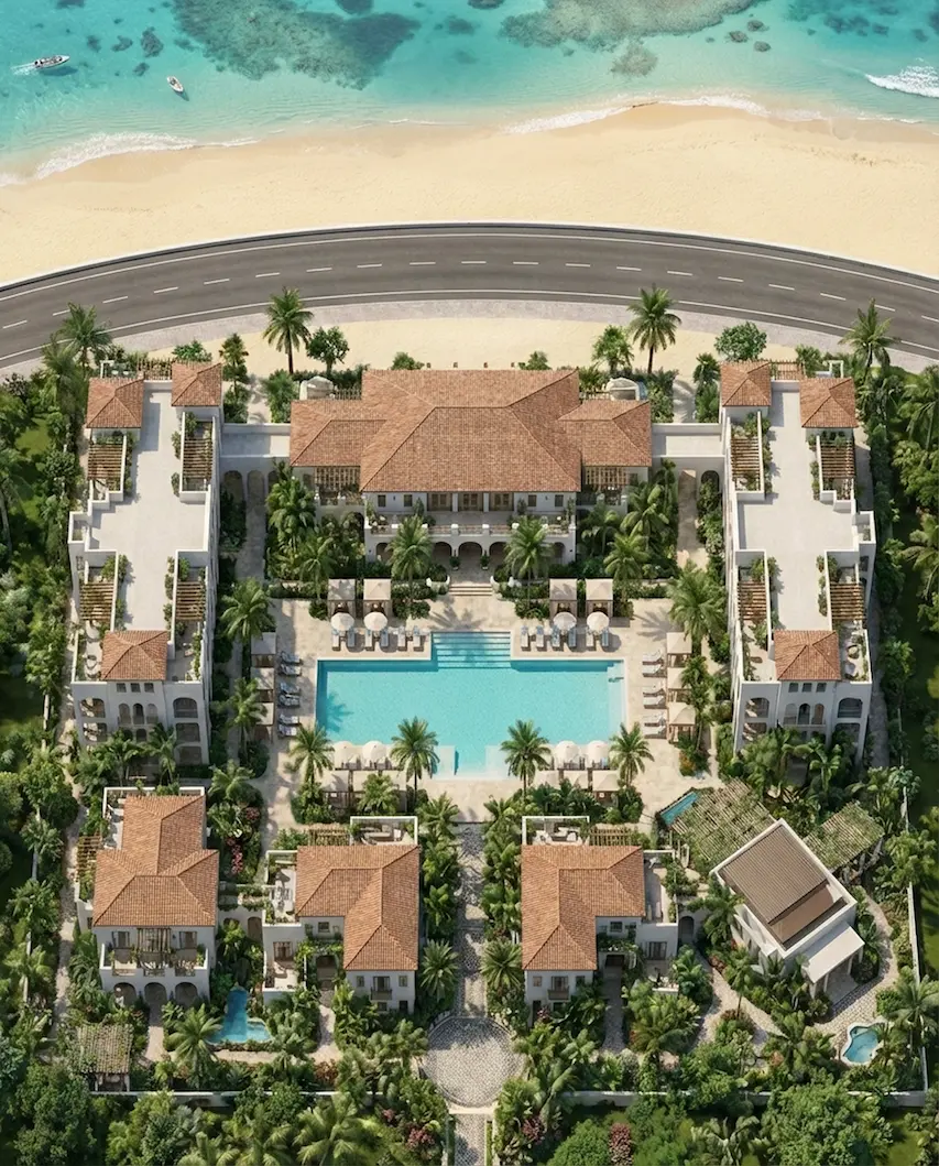 Best 3D Architectural Visualization Companies in Australia Beachfront resort masterplan aerial with pool villas and ocean shoreline by architectural rendering firms