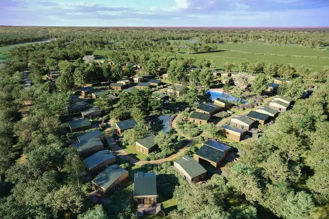 Best 3D Architectural Visualization Companies in Australia Eco resort masterplan among forest cabins aerial view by 3d architectural visualization company