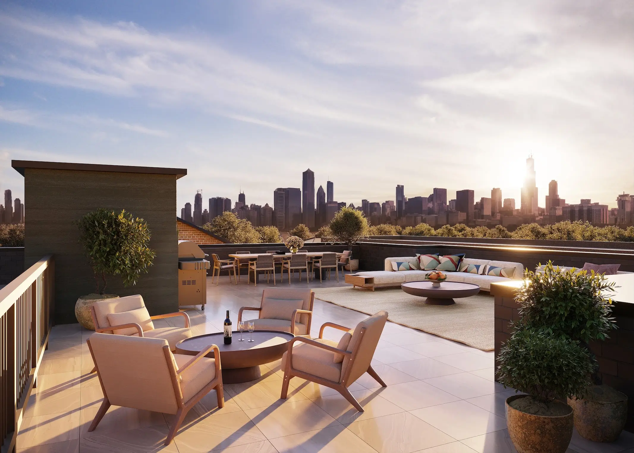 Best 3D Architectural Visualization Companies in Australia Rooftop terrace lounge with chairs dining table and city skyline sunset by 3d rendering studio
