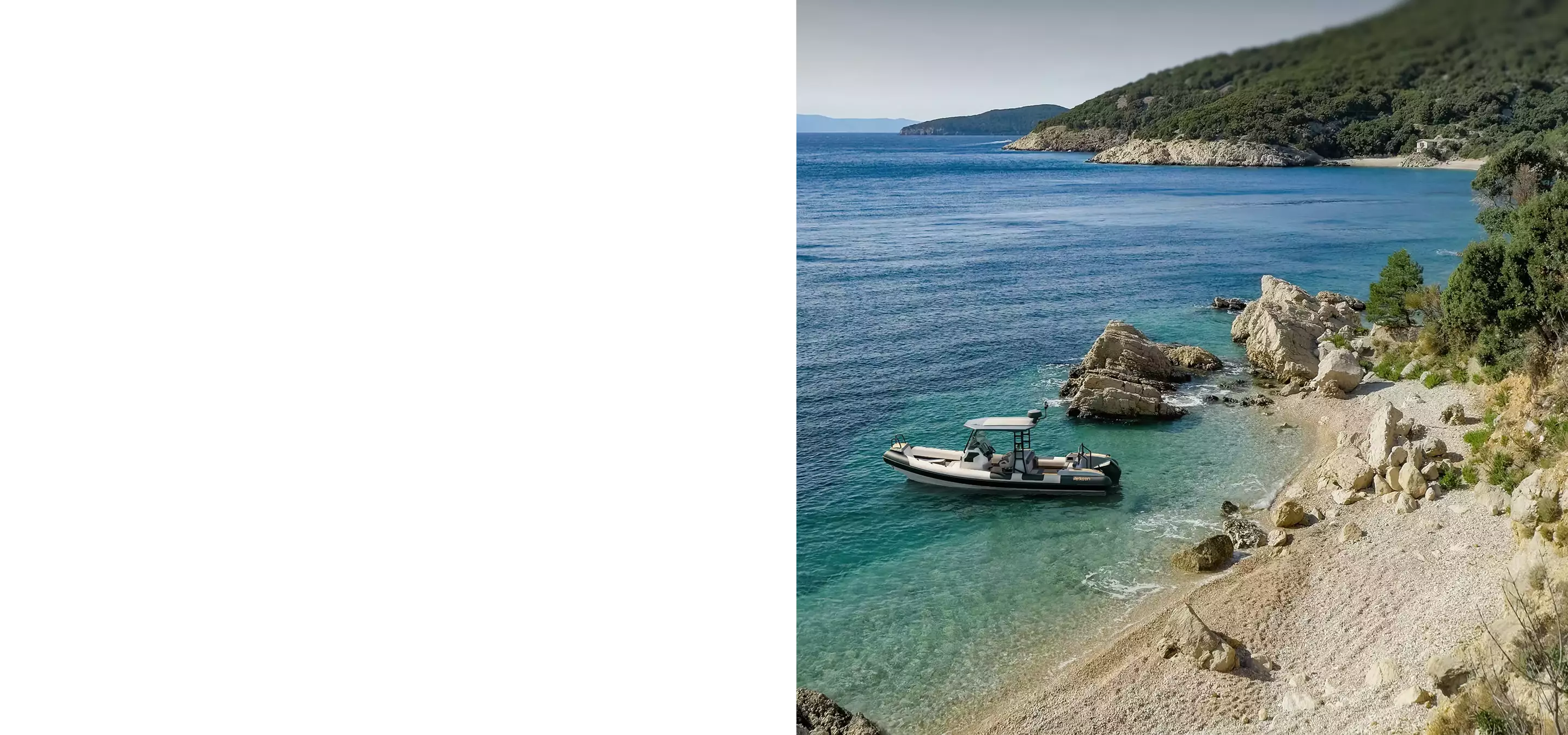 Small boat near rocky beach in clear water, top 3D visualization studios offering yacht rendering services