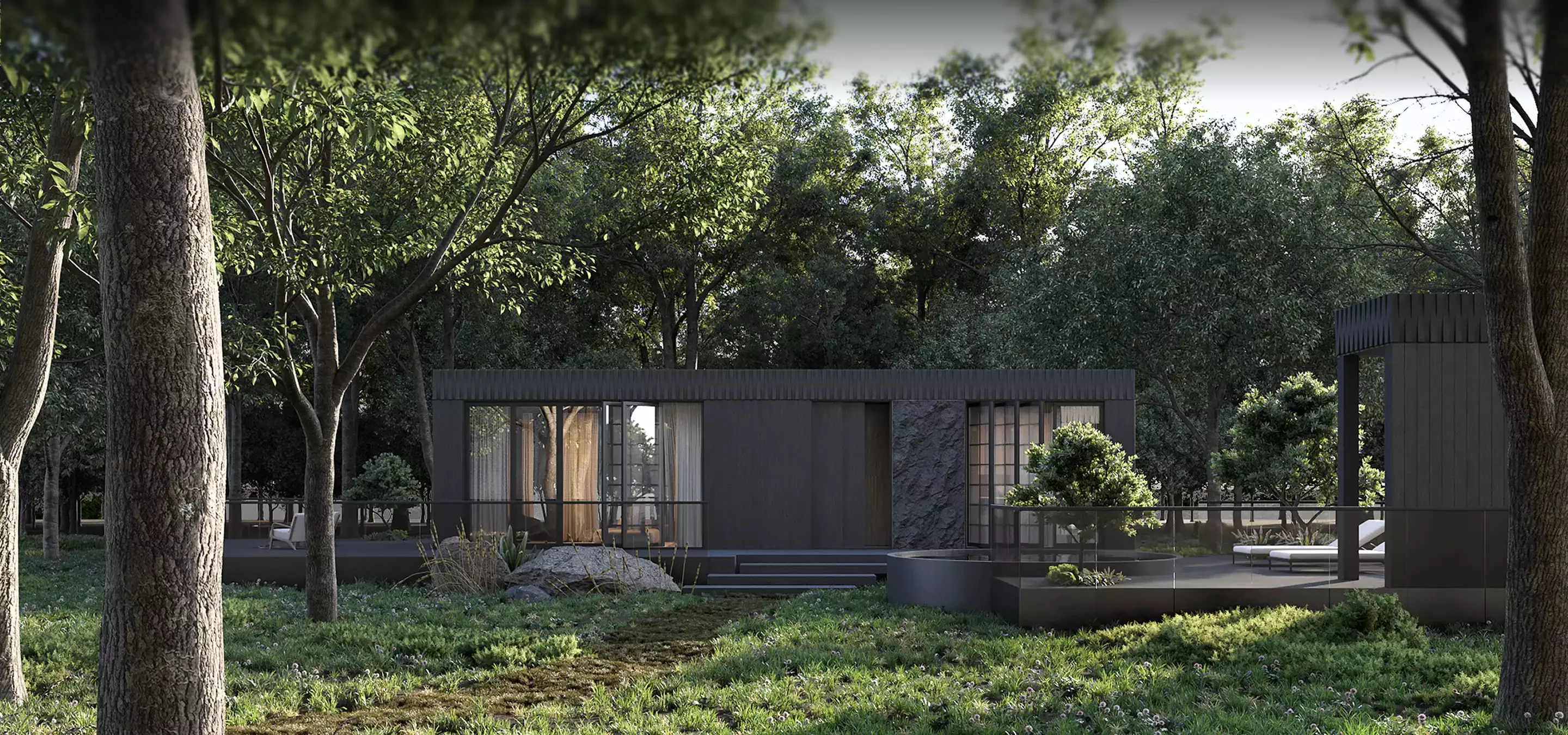 Modern dark house in forest setting, best 3D visualization studios in Norway
