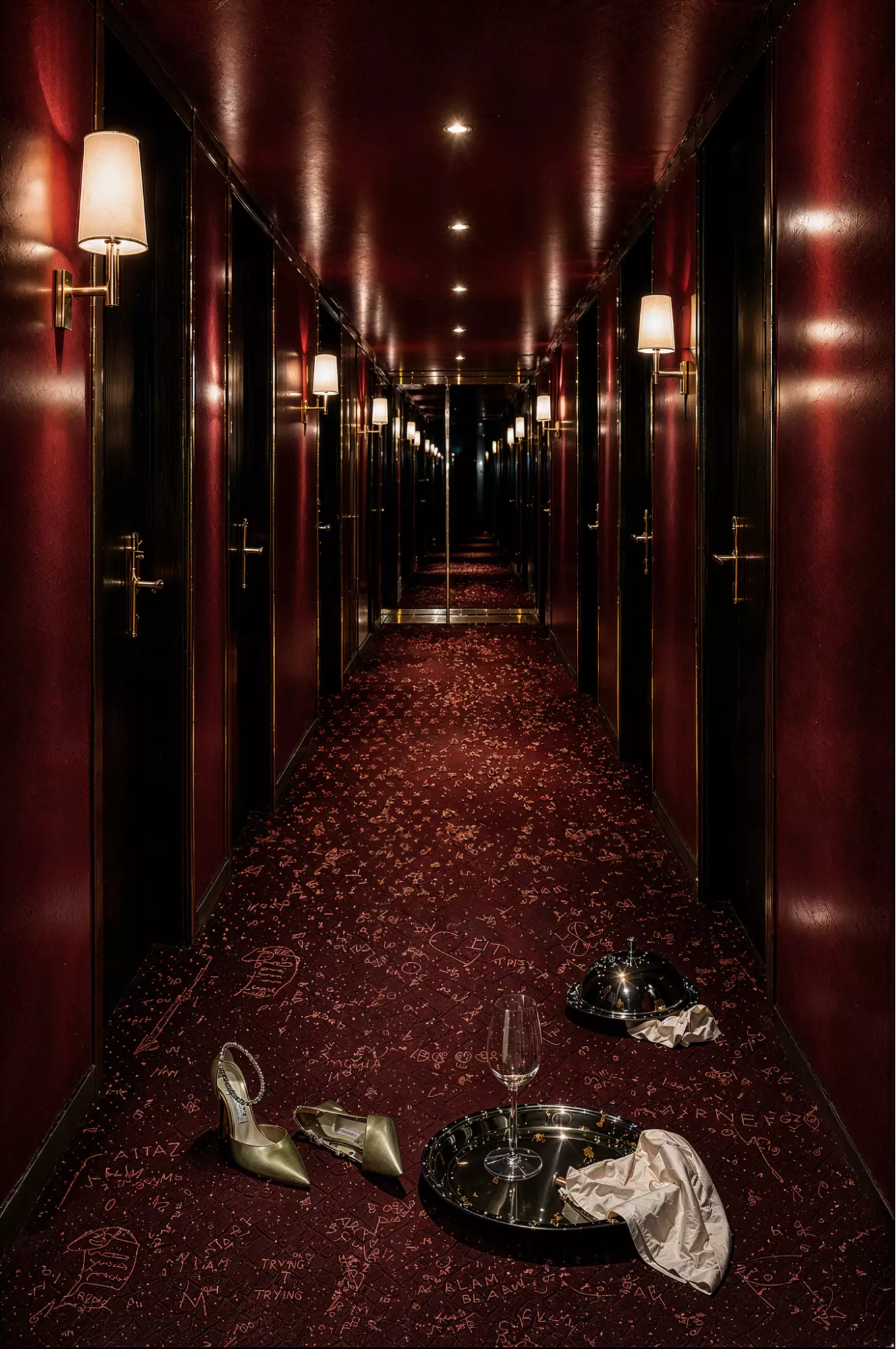 Dark Italian corridor 3D visualization with red walls, wall lamps, doors, and carpeted floor