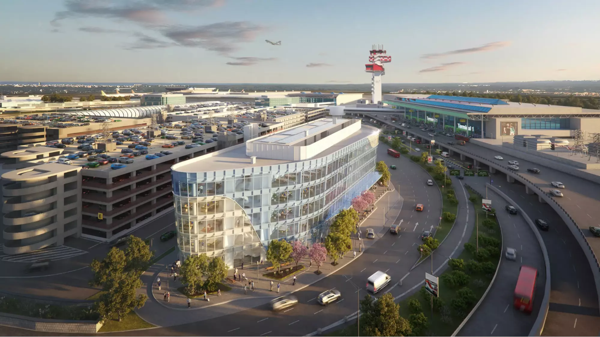 Italian airport 3D visualization with glass building, roads, parking, and terminal tower”