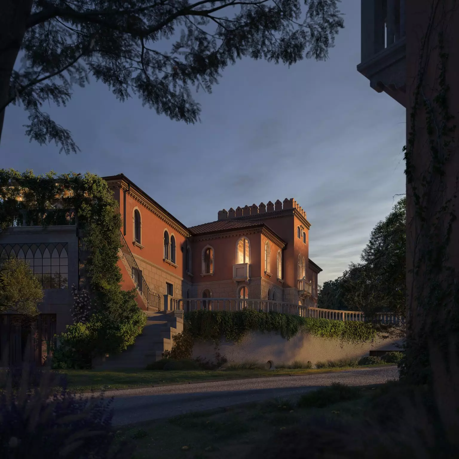 Italian villa 3D render at dusk with arched windows, terracotta walls, and garden path