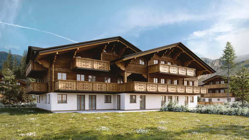 3D rendered alpine chalet in Italy with wooden balconies, lawn, and mountain backdrop