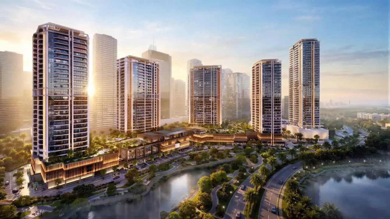 3D rendering of high-rise residential towers in Italy with lakeside landscaping at sunset