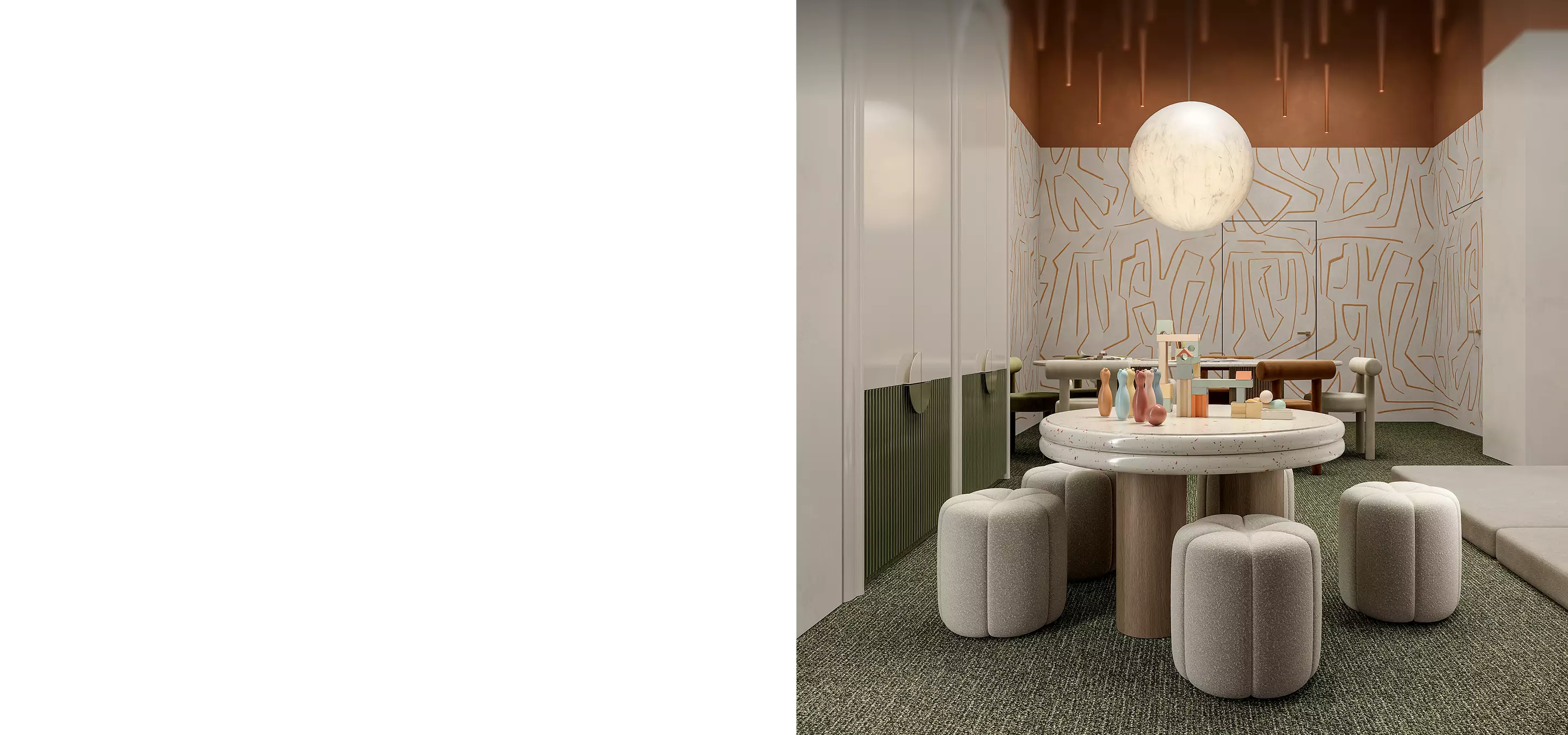 Modern interior with round table and soft seating, best 3D rendering studios on the Italian market