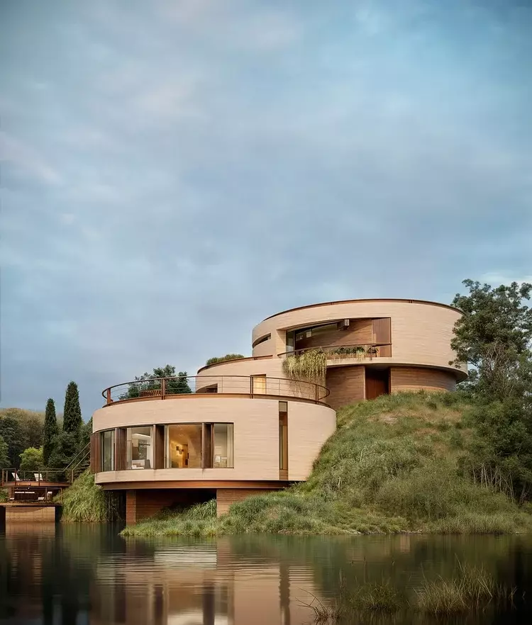Modern Italy villa 3D rendering with curved wood forms, hillside grass, and lake reflection