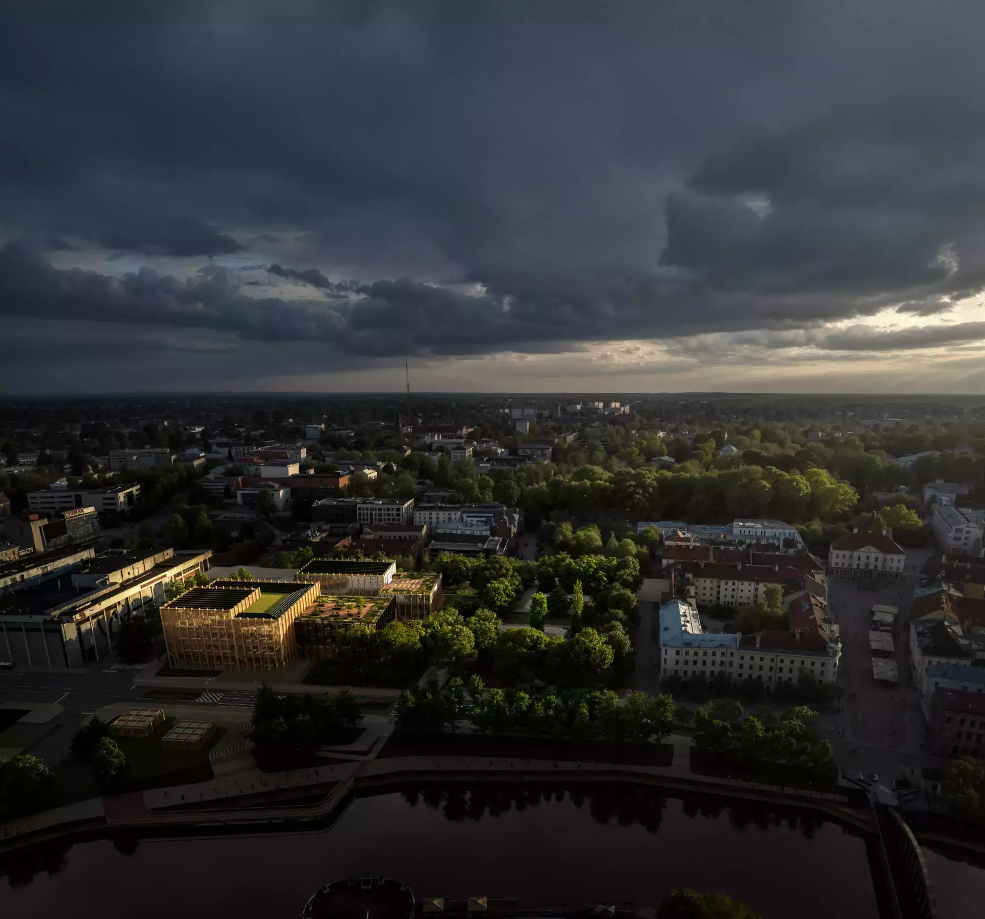 Stormy city aerial 3D visualization with dark clouds, river, and sunlit urban blocks