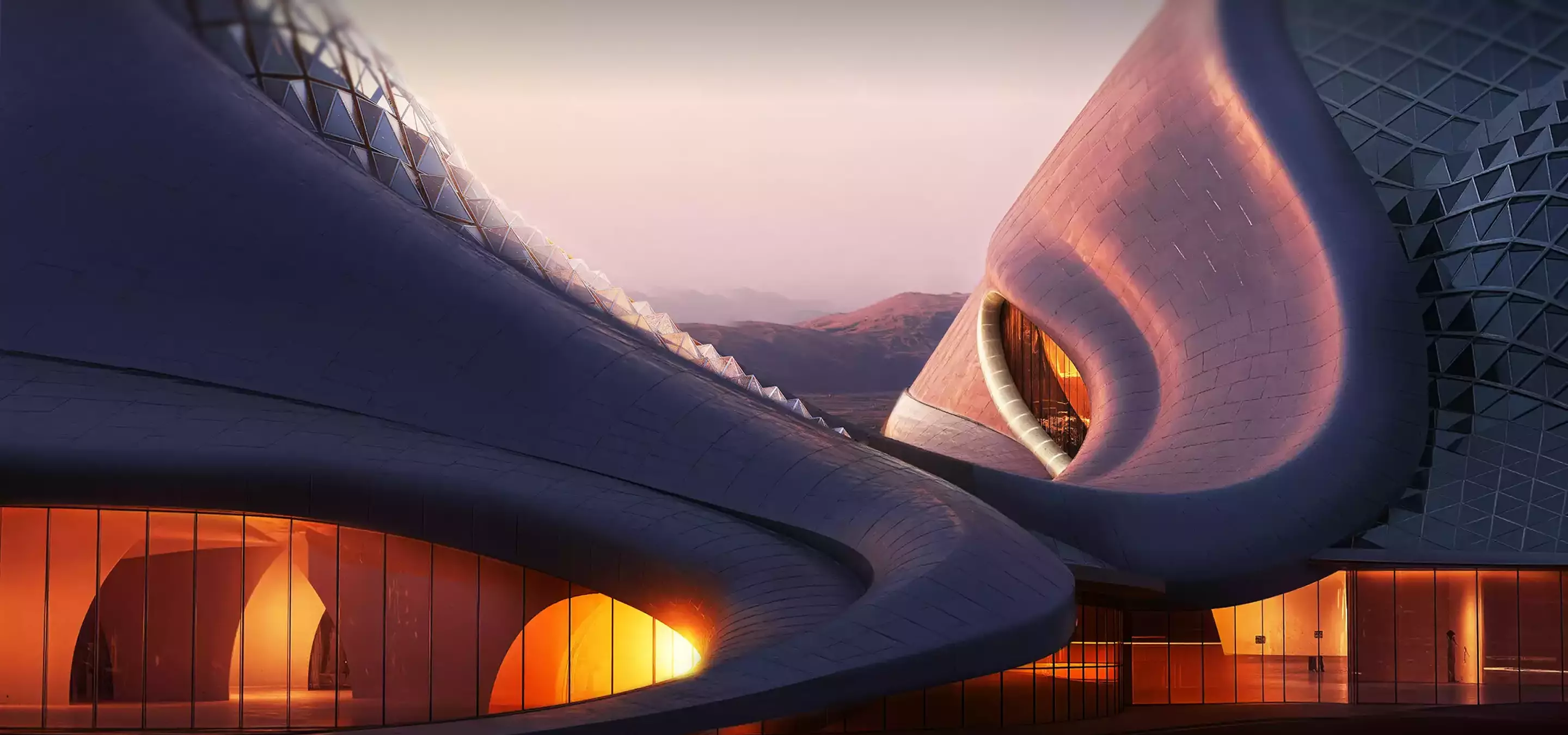 Curved parametric architecture with glowing interiors, grasshopper plugin for architectural visualization