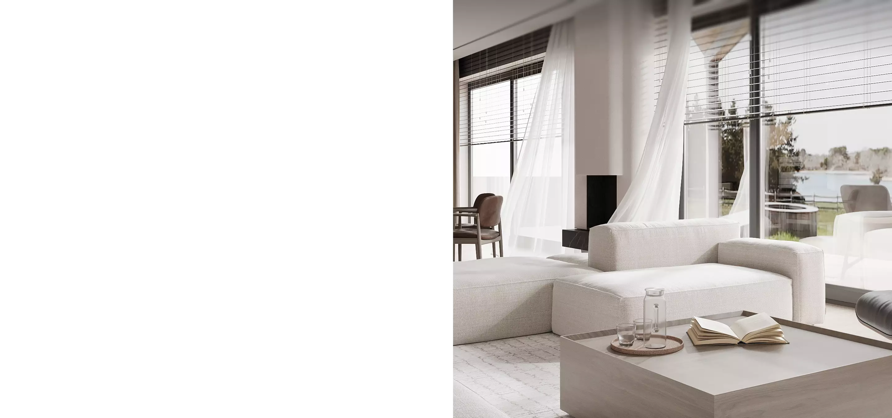 Bright modern living room with sofa and large windows, top 3D visualization studios in the Czech market