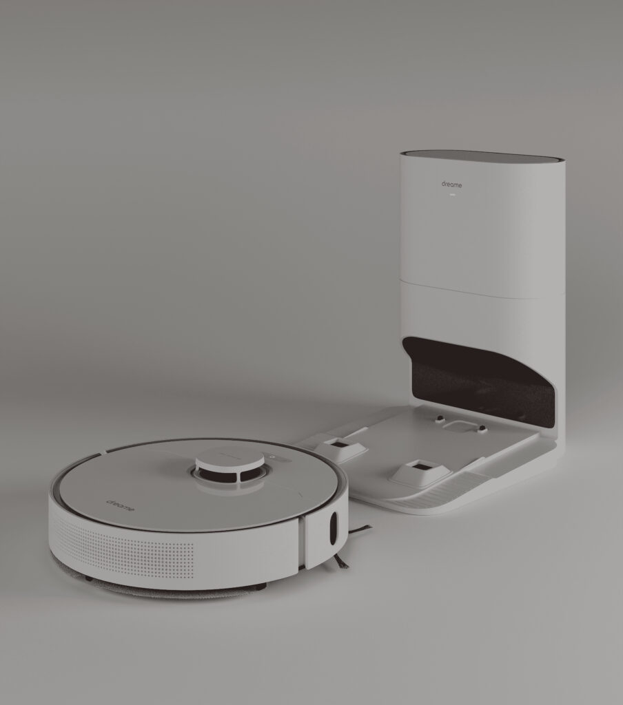 3D product rendering of Dreame robot vacuum and docking station in neutral studio setup