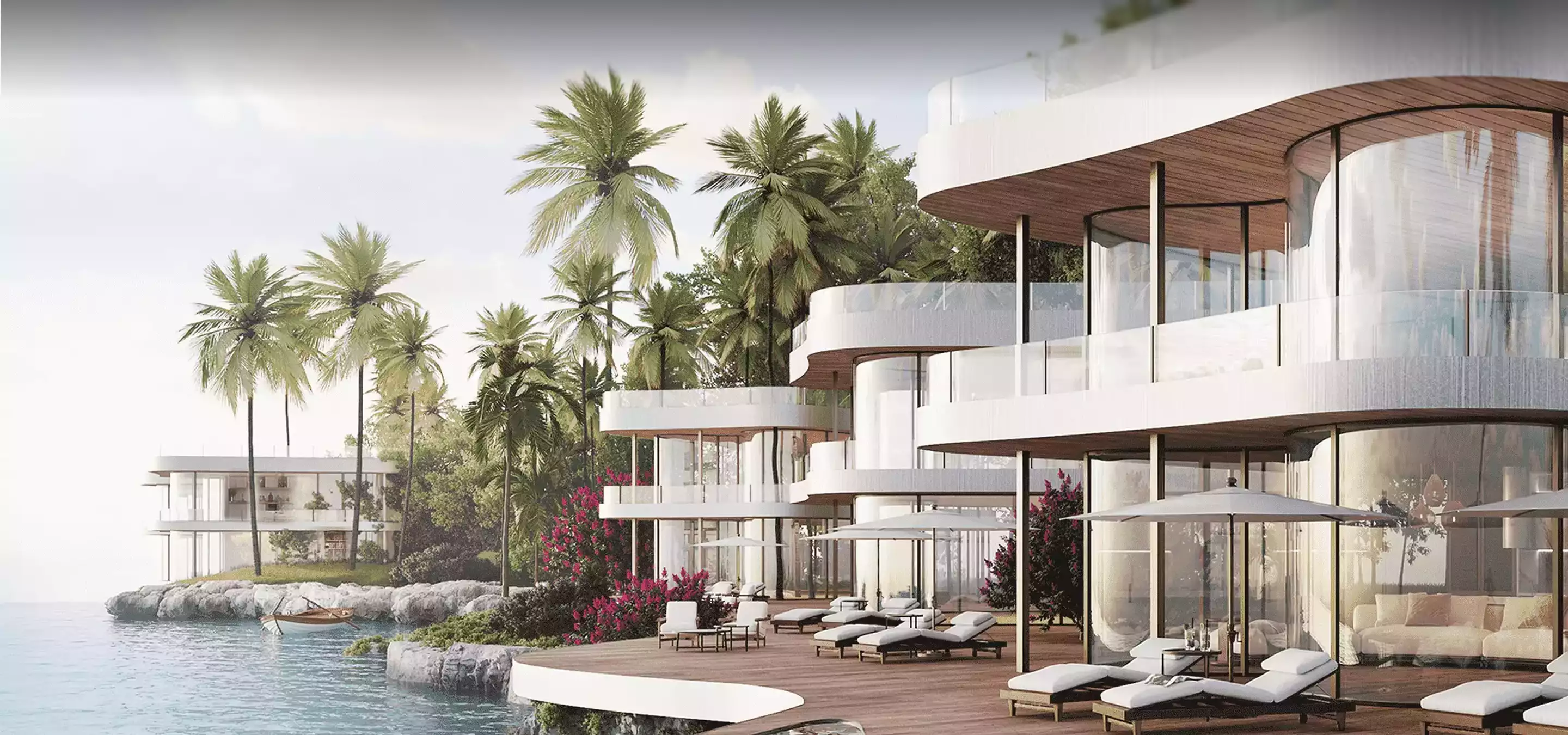 Modern seaside villas with terraces and palm trees, top 3 visualization studios in UAE