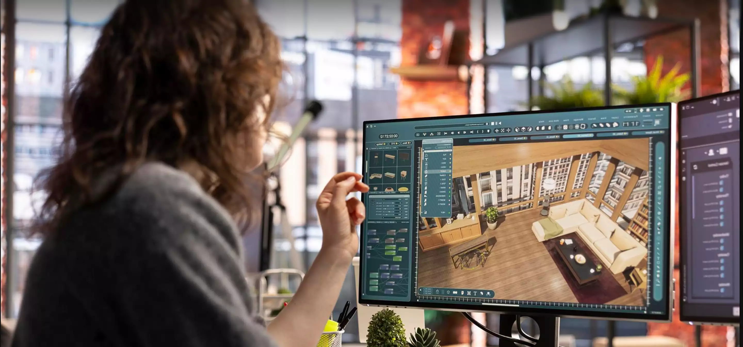 Designer working on interior 3D scene on monitor in studio, 3D visualization studios in Belgium redefining architecture and design