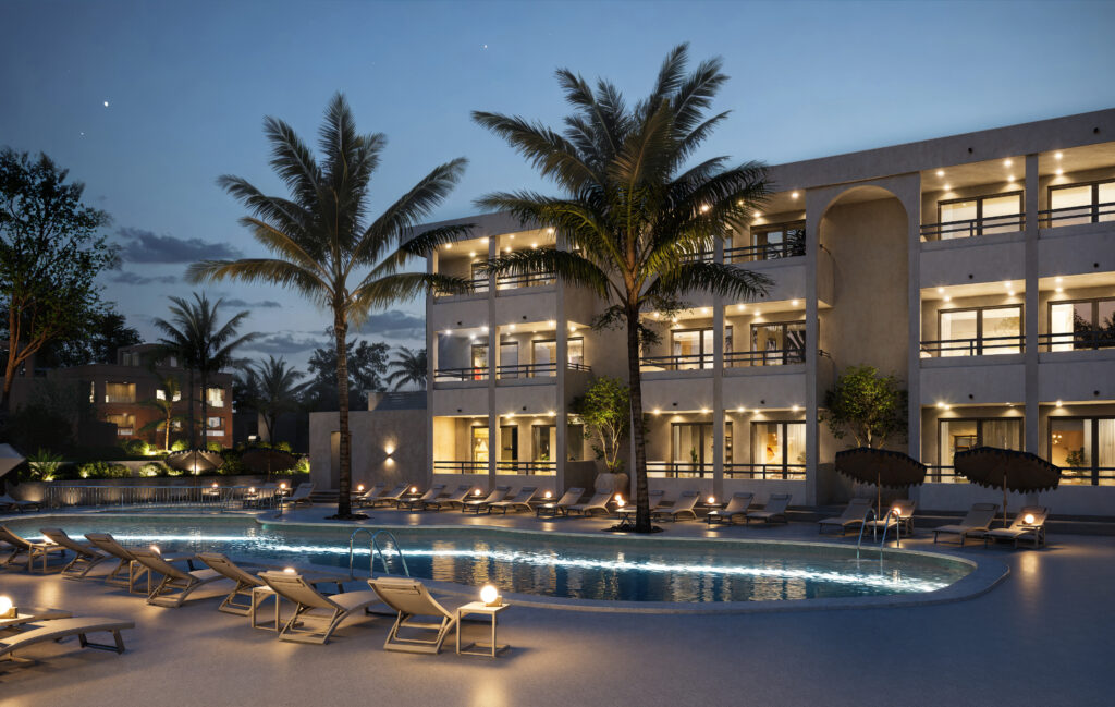 Hotel resort facade at night rendered with real estate rendering services