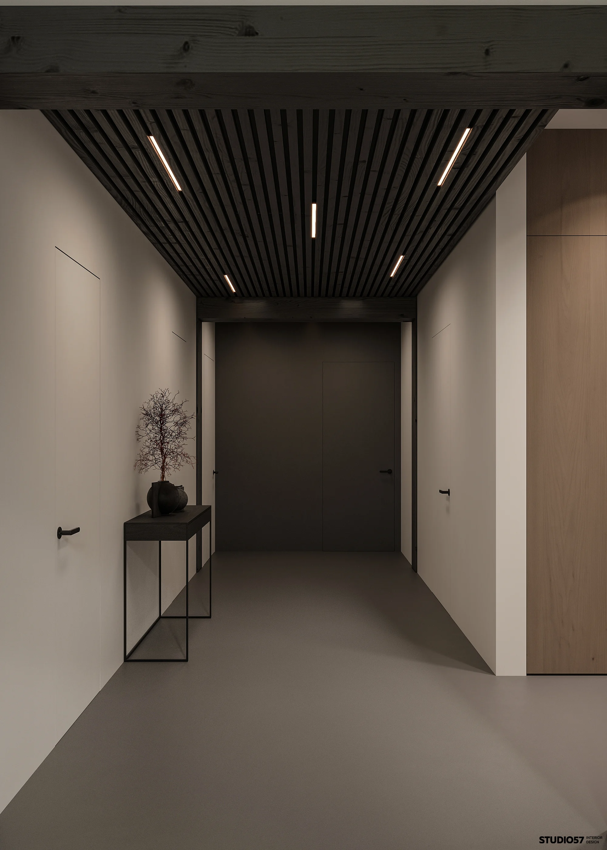 Minimal hallway interior with wood ceiling and soft lighting, 3D interior rendering
