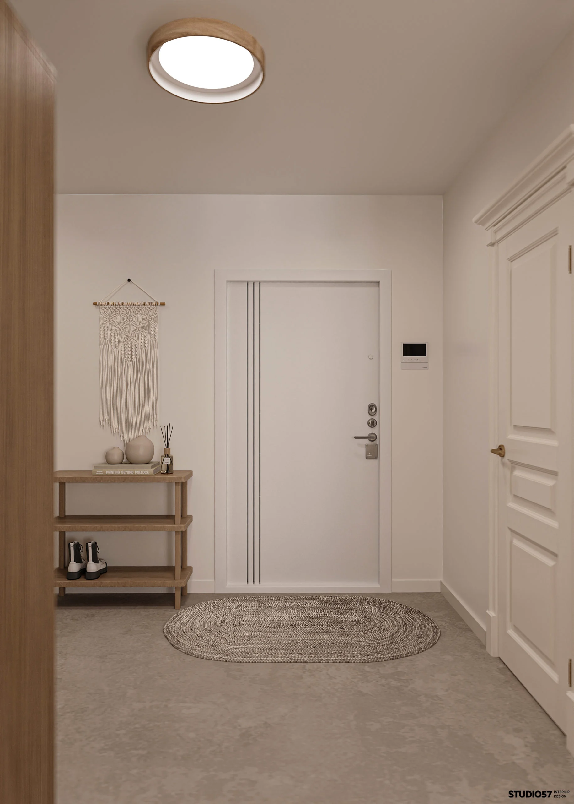 Minimal corridor interior rendering with white doors, storage unit, and subtle lighting