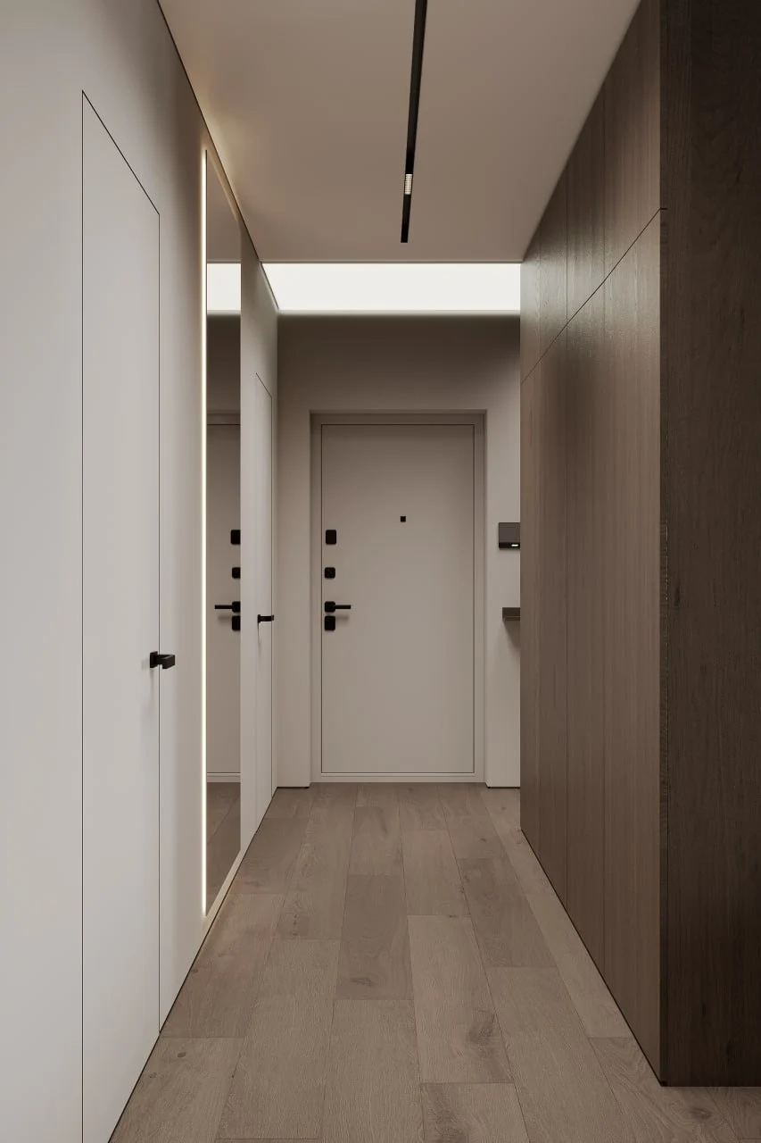 Contemporary corridor featuring door systems rendered through CGI services and product visualization services