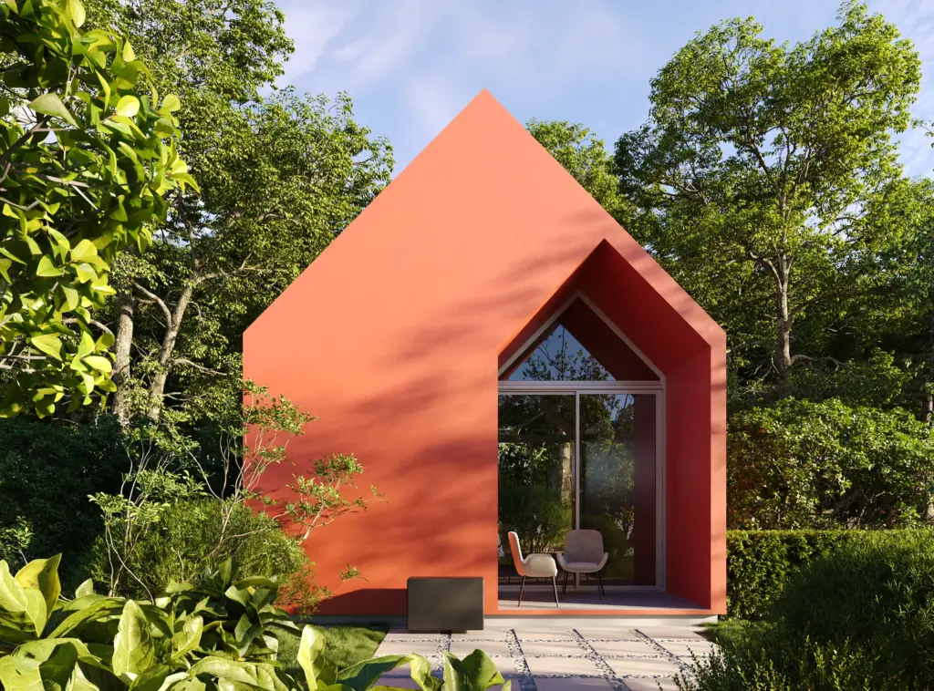 Night view of modern villa with illuminated interior and outdoor swimming pool
