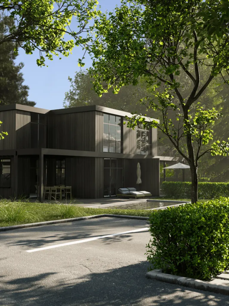 Modern dark house exterior rendered with real estate rendering and 3D Rendering Services for Real Estate