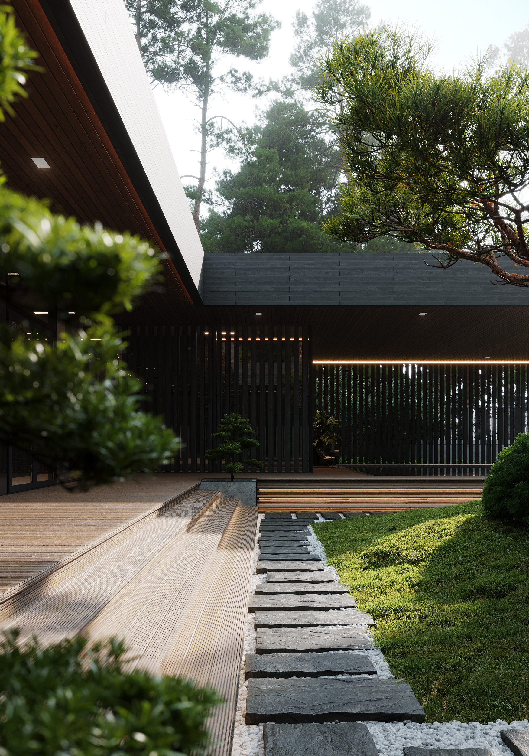Contemporary wooden pavilion exterior created through 3D visualization for real estate and rendering services