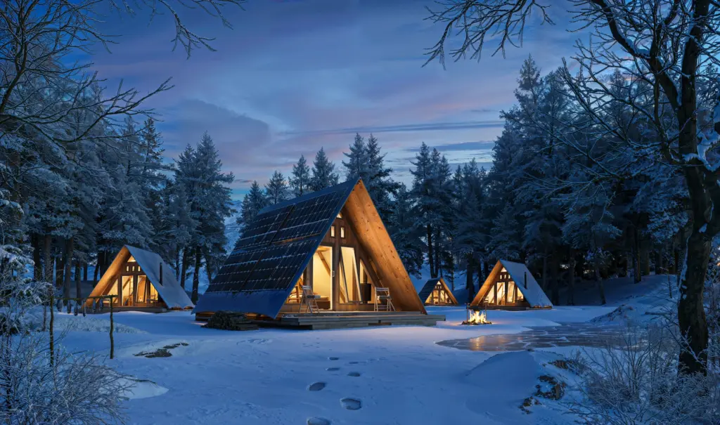 A-frame winter cabin visualized through real estate rendering services and 3d rendering for real estate