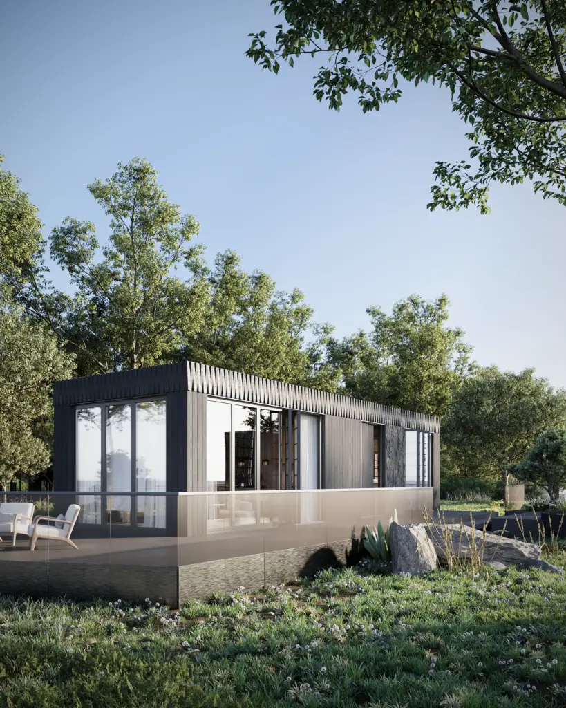 Minimal modern house exterior surrounded by trees and natural greenery