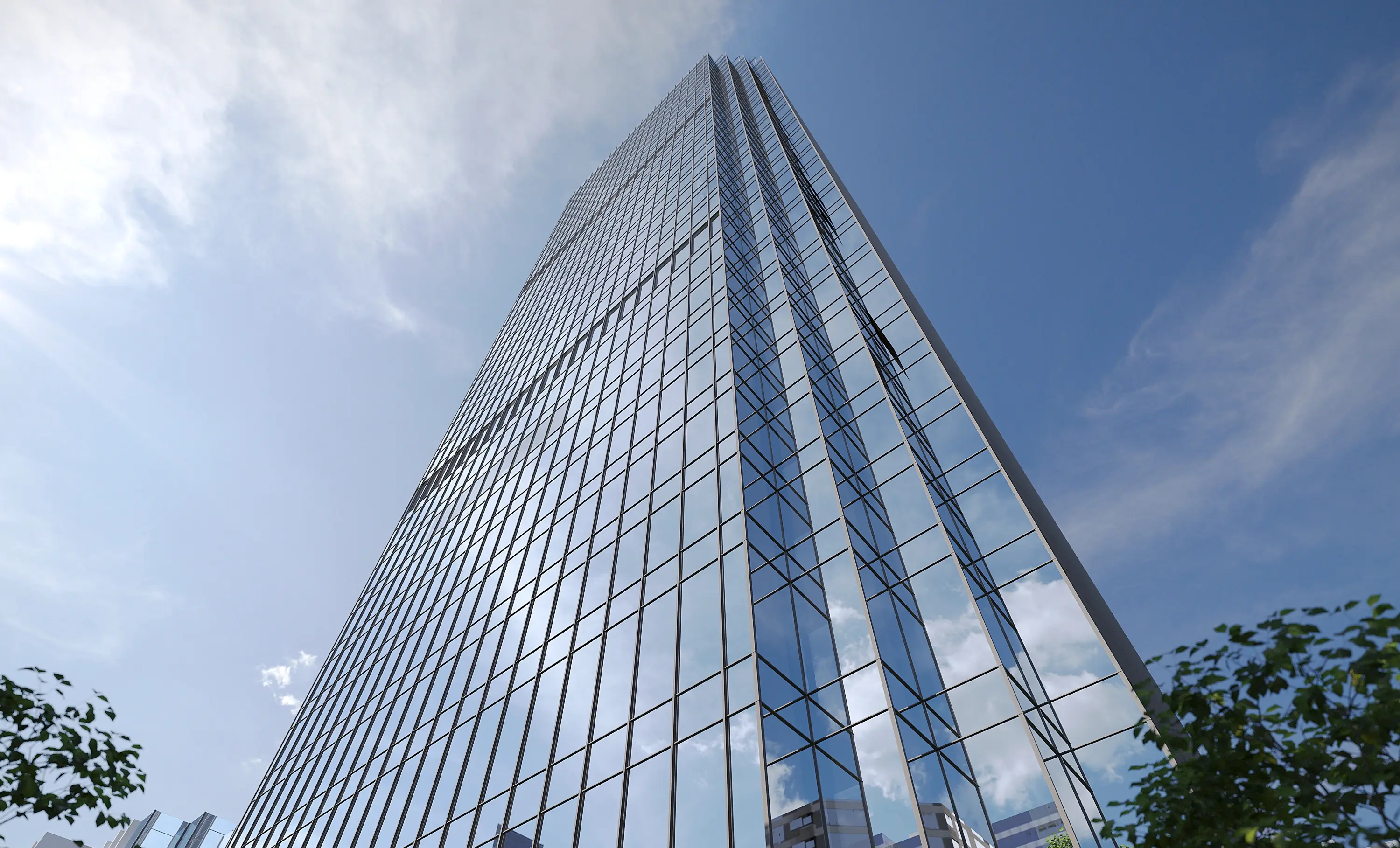 Low-angle skyscraper rendered with real estate CGI and architectural CGI for 3D visualization for real estate marketing.