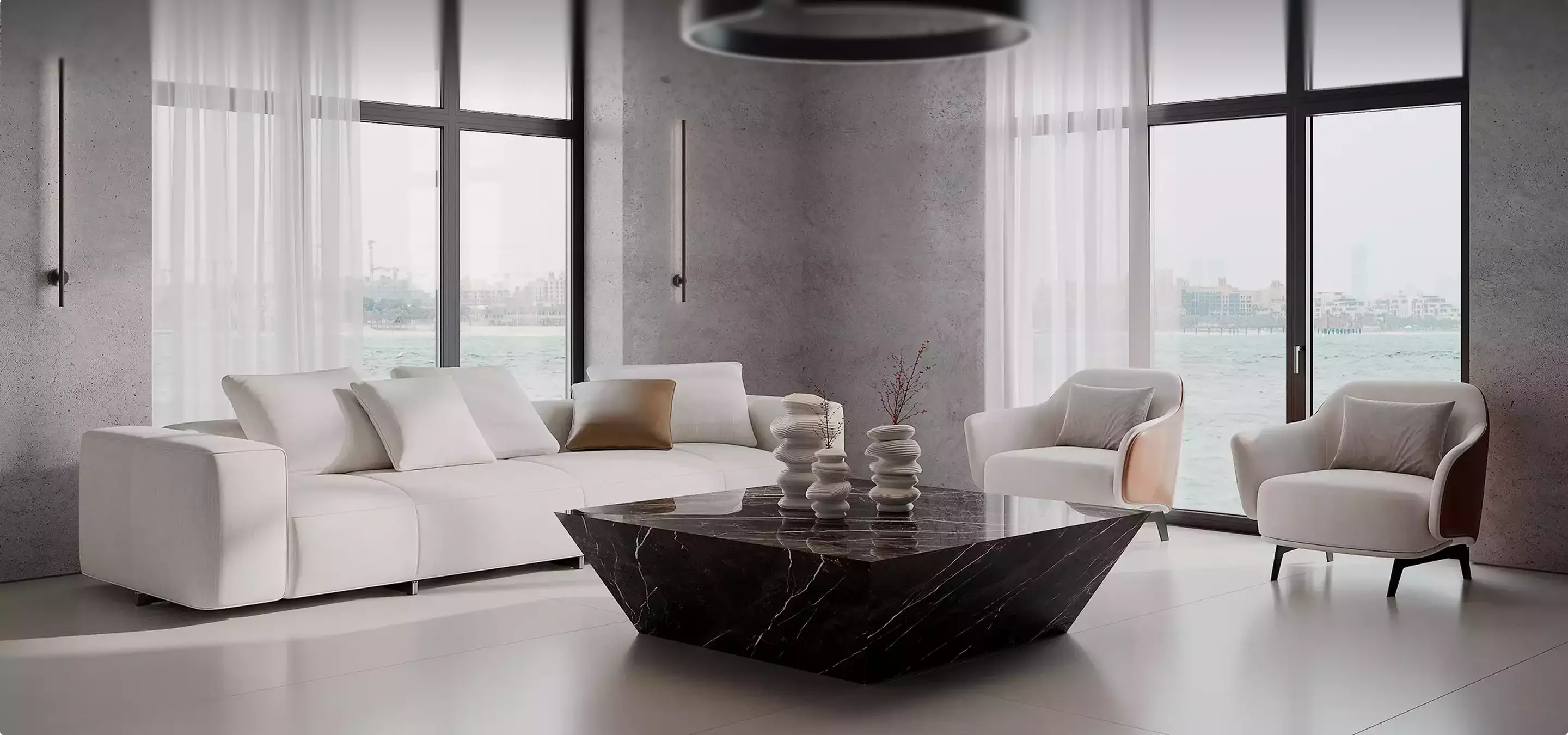 CGI for Product Launches Selling a Luxury Furniture Collection Before Production elegant living room with sofa and chairs