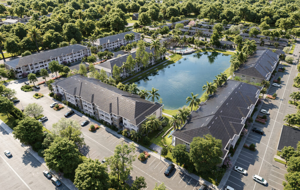 Aerial resort community rendered using 3d visualization for real estate and rendering services