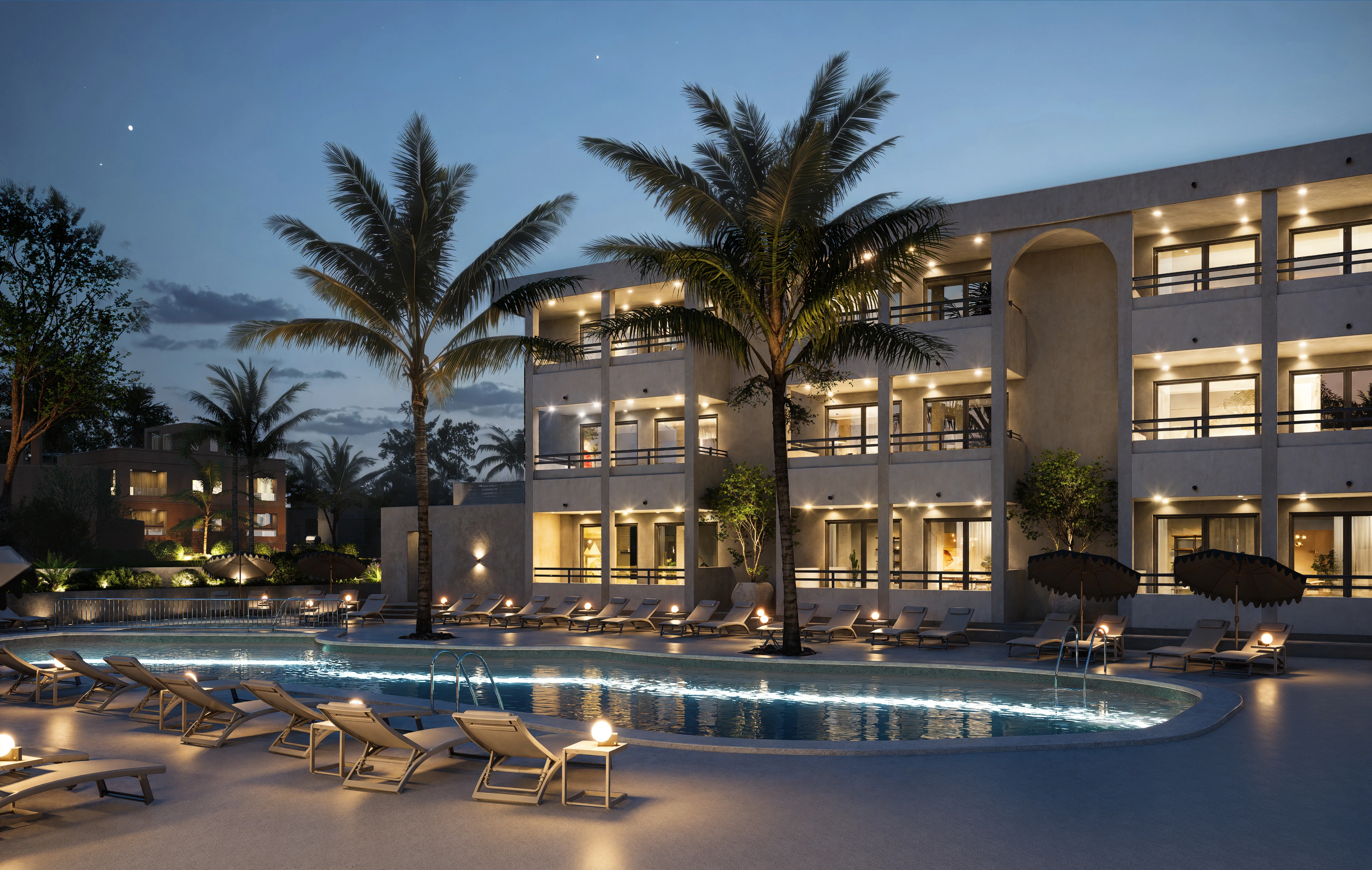 Nighttime resort pool scene visualized using real estate rendering services and 3D rendering for real estate