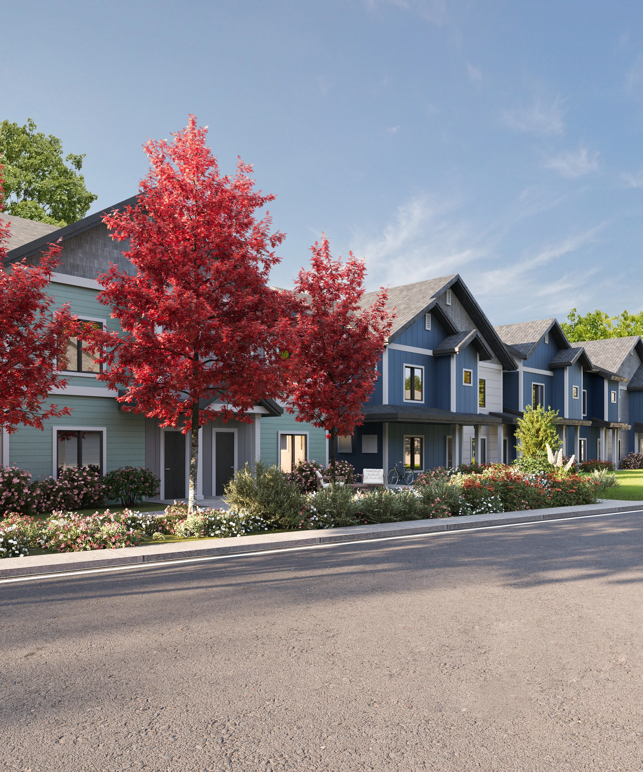 Suburban neighborhood visualized through 3D rendering for real estate and professional rendering services