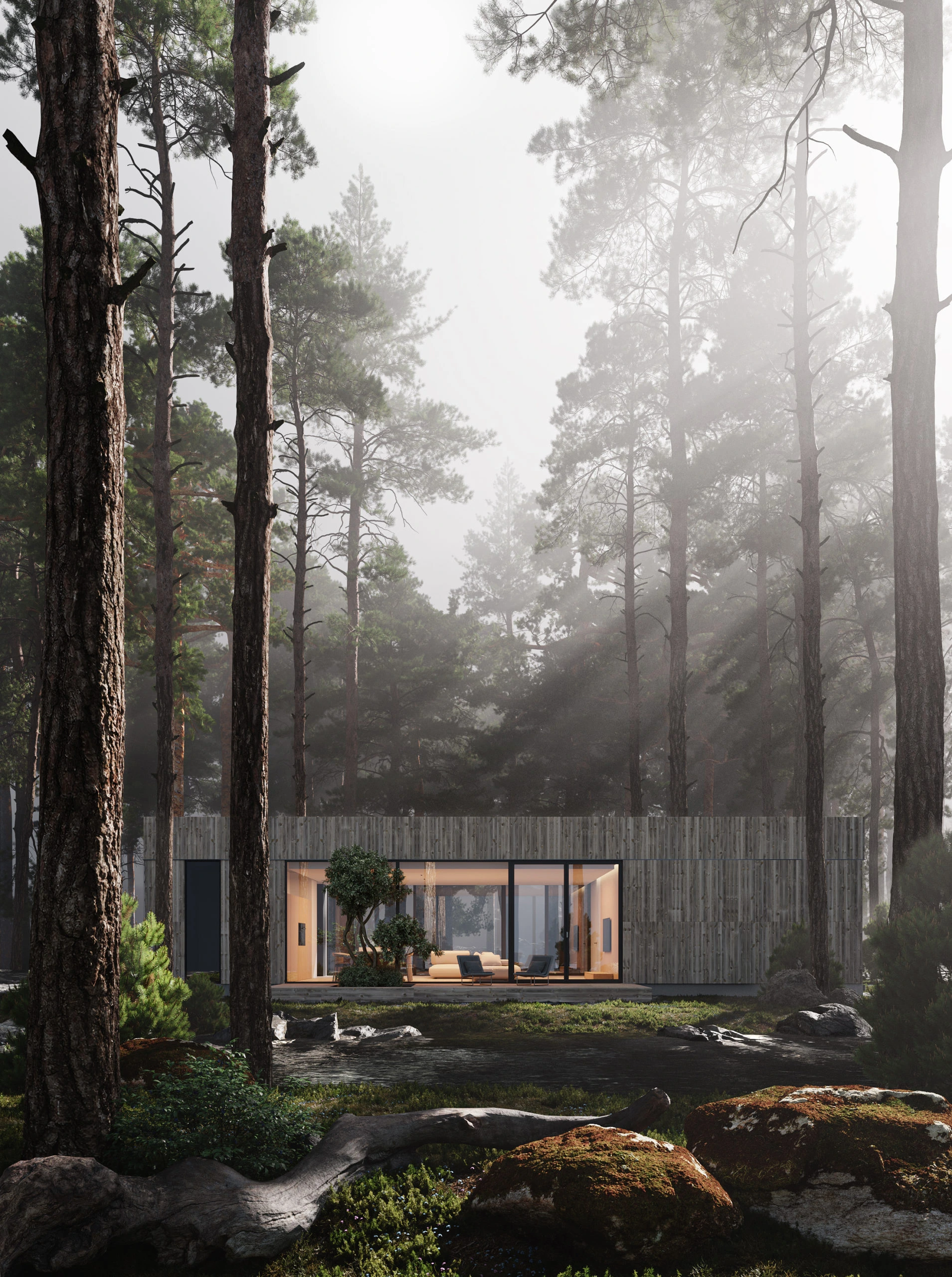 Forest cabin visualized with 3D visualization for real estate and high-quality real estate rendering services