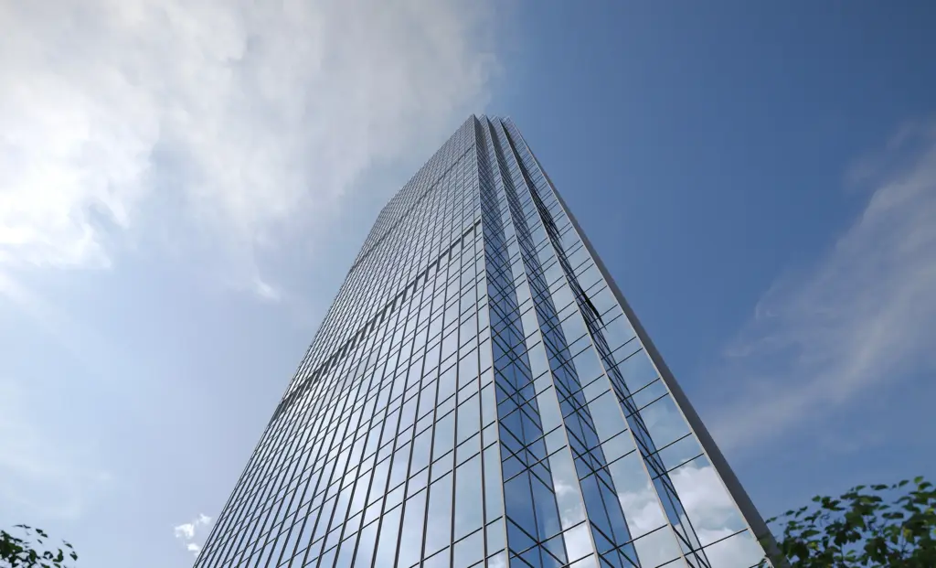 Low-angle skyscraper rendered with real estate CGI and architectural CGI for 3D visualization for real estate marketing.