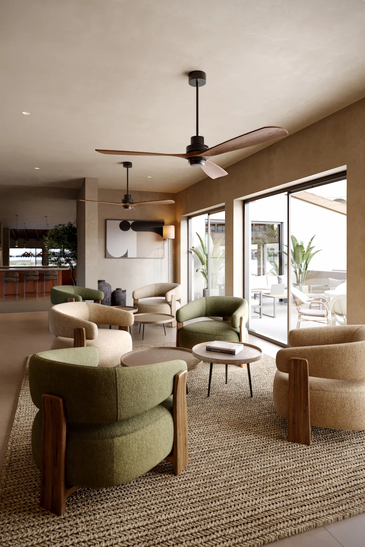 Warm living room showcasing patio doors visualized through CGI services and product visualization services